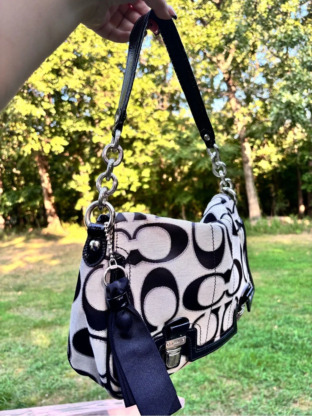 Coach Black and White Signature Logo Shoulder Bag